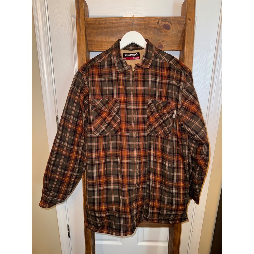 WOLVERINE‎ Mens Plaid Flannel Lined Zip Up Shirt Jacket Brown Orange XL